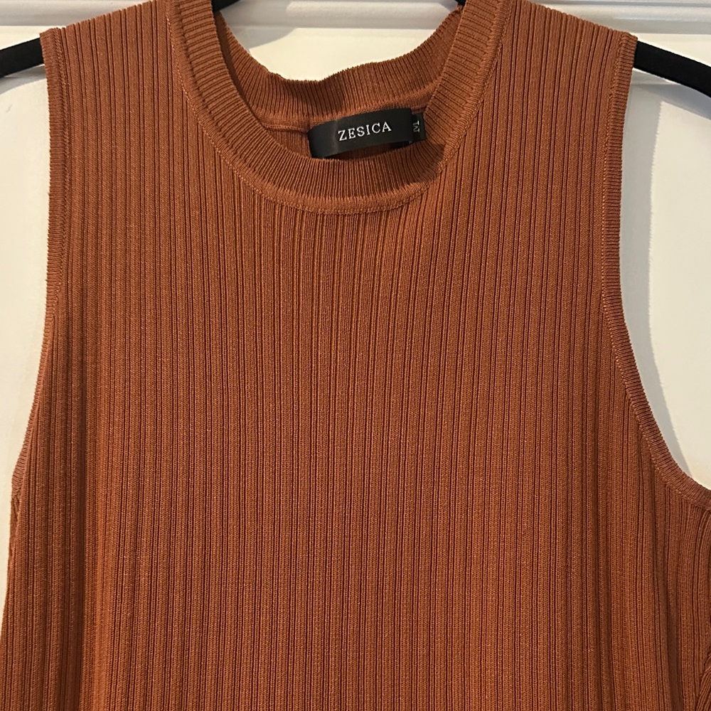 ZESICA Sleeveless Ribbed Pleated Mini Dress in Rust